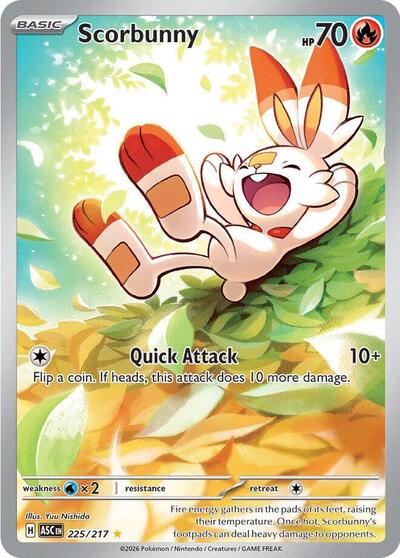 Pokémon card: Scorbunny 225/217 from Ascended Heroes (Illustration Rare), Fire type, front of card