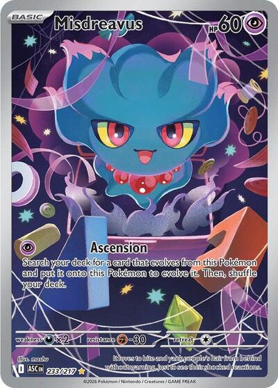 Pokémon card: Misdreavus 233/217 from Ascended Heroes (Illustration Rare), Psychic type, front of card