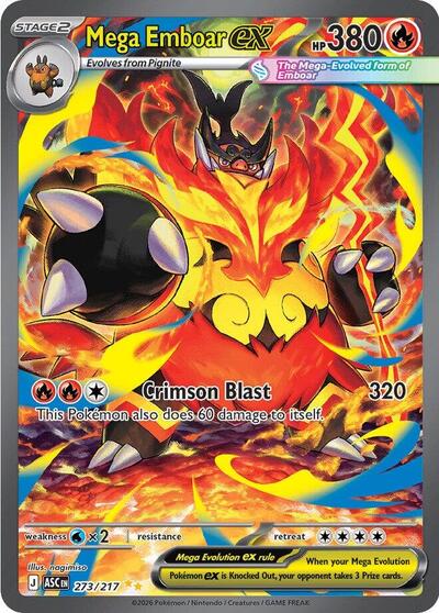Pokémon card: Mega Emboar ex 273/217 from Ascended Heroes (Special Illustration Rare), Fire type, front of card