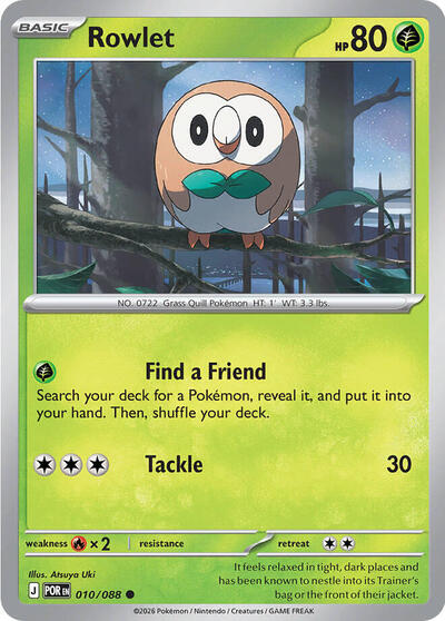 Pokémon card: Rowlet 010/088 from Perfect Order (Common), Grass type, front of card