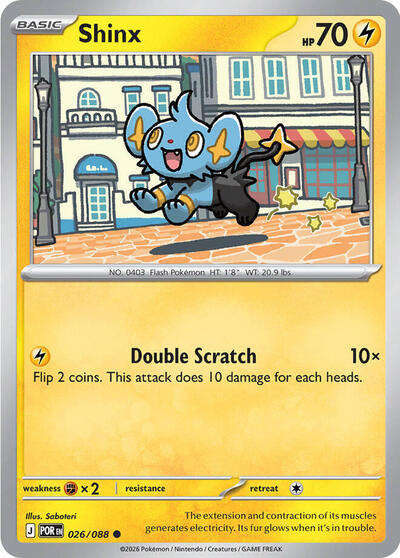 Pokémon card: Shinx 026/088 from Perfect Order (Common), Lightning type, front of card