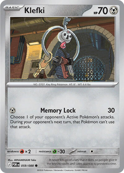 Pokémon card: Klefki 059/088 from Perfect Order (Common), Metal type, front of card