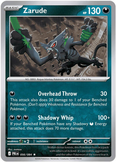 Pokémon card: Zarude 056/084 from Pitch Black (Rare), Darkness type, front of card