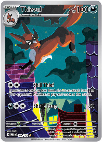 Pokémon card: Thievul 092/084 from Pitch Black (Illustration Rare), Darkness type, front of card