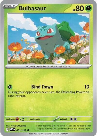 Pokémon card: Bulbasaur 001/132 from Mega Evolution base set (Common), Grass type, front of card