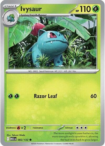 Pokémon card: Ivysaur 002/132 from Mega Evolution base set (Common), Grass type, front of card