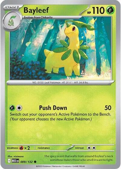 Pokémon card: Bayleef 009/132 from Mega Evolution base set (Common), Grass type, front of card