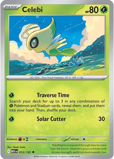 Pokémon card: Celebi 012/132 from Mega Evolution base set (Uncommon), Grass type, front of card
