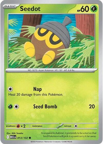 Pokémon card: Seedot 013/132 from Mega Evolution base set (Common), Grass type, front of card