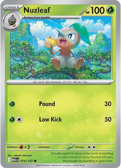 Pokémon card: Nuzleaf 014/132 from Mega Evolution base set (Common), Grass type, front of card