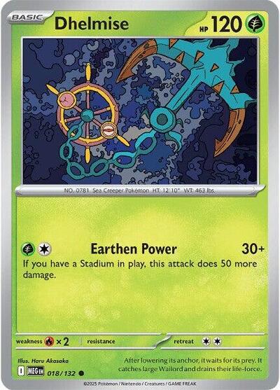 Pokémon card: Dhelmise 018/132 from Mega Evolution base set (Common), Grass type, front of card