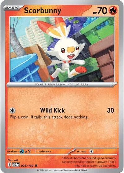 Pokémon card: Scorbunny 026/132 from Mega Evolution base set (Common), Fire type, front of card
