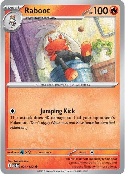 Pokémon card: Raboot 027/132 from Mega Evolution base set (Common), Fire type, front of card