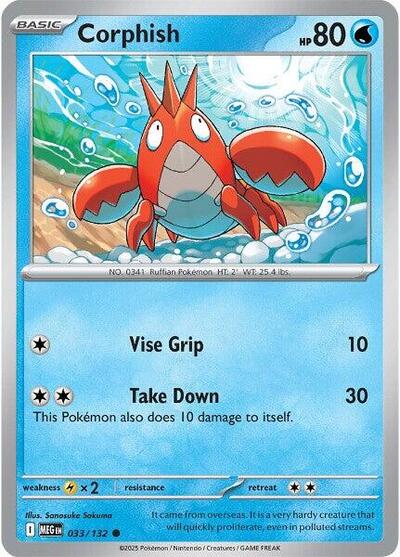 Pokémon card: Corphish 033/132 from Mega Evolution base set (Common), Water type, front of card