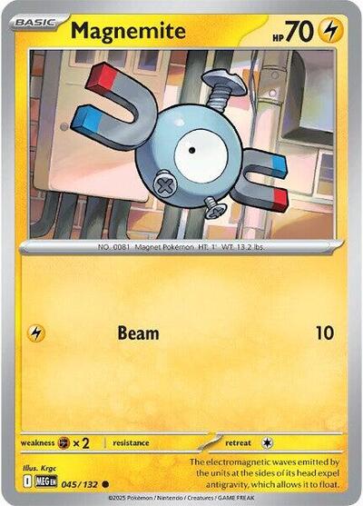 Pokémon card: Magnemite 045/132 from Mega Evolution base set (Common), Lightning type, front of card