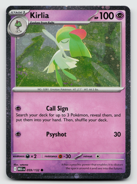 Pokémon card: Kirlia Common (Cosmos Holofoil Promo) 059/132 from Mega Evolution base set (Common), Psychic type, front of card