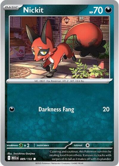 Pokémon card: Nickit 089/132 from Mega Evolution base set (Common), Darkness type, front of card