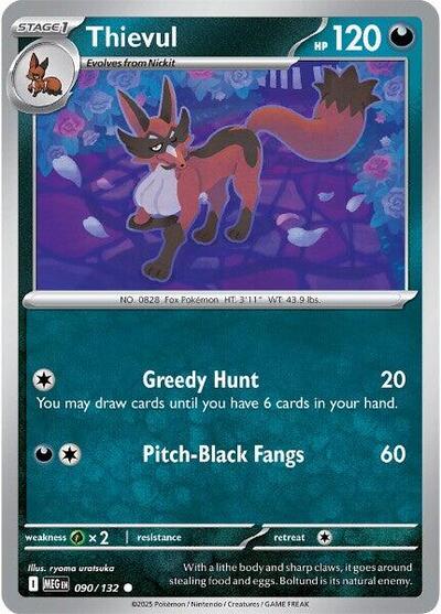 Pokémon card: Thievul 090/132 from Mega Evolution base set (Common), Darkness type, front of card