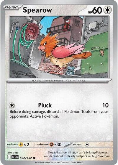 Pokémon card: Spearow 102/132 from Mega Evolution base set (Common), Colorless type, front of card