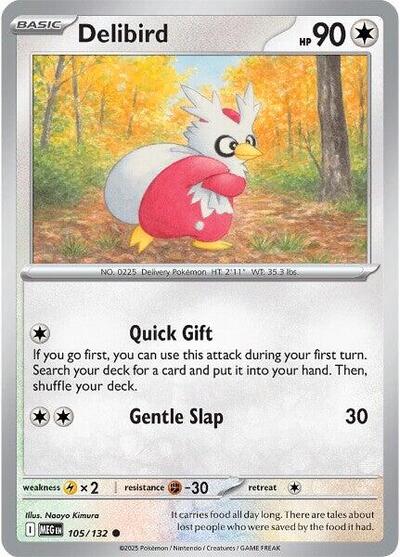 Pokémon card: Delibird 105/132 from Mega Evolution base set (Common), Colorless type, front of card