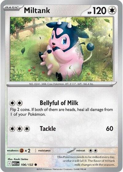 Pokémon card: Miltank 106/132 from Mega Evolution base set (Common), Colorless type, front of card