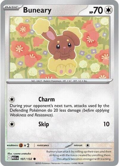 Pokémon card: Buneary 107/132 from Mega Evolution base set (Common), Colorless type, front of card