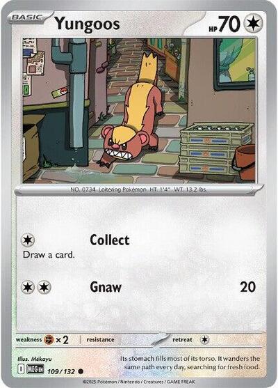 Pokémon card: Yungoos 109/132 from Mega Evolution base set (Common), Colorless type, front of card