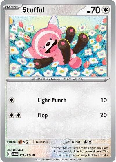 Pokémon card: Stufful 111/132 from Mega Evolution base set (Common), Colorless type, front of card