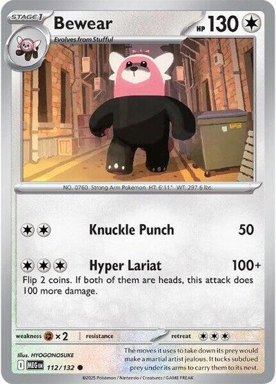 Pokémon card: Bewear 112/132 from Mega Evolution base set (Common), Colorless type, front of card