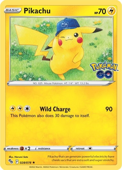 Pokémon card: Pikachu 028/078 from Pokemon GO (Holo Rare), Lightning type, front of card