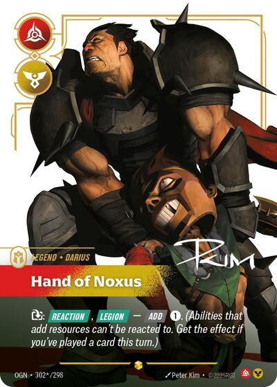 Riftbound card: 302*/298 Darius - Hand of Noxus (Signature) from Origins (Showcase), front of card
