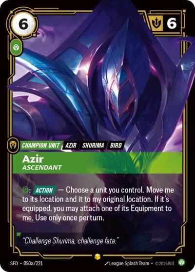 Riftbound card: Azir - Ascendant (Alternate Art) 050a/221 from Spiritforged (Showcase), front of card