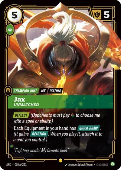 Riftbound card: Jax - Unmatched (Alternate Art) 054a/221 from Spiritforged (Showcase), front of card