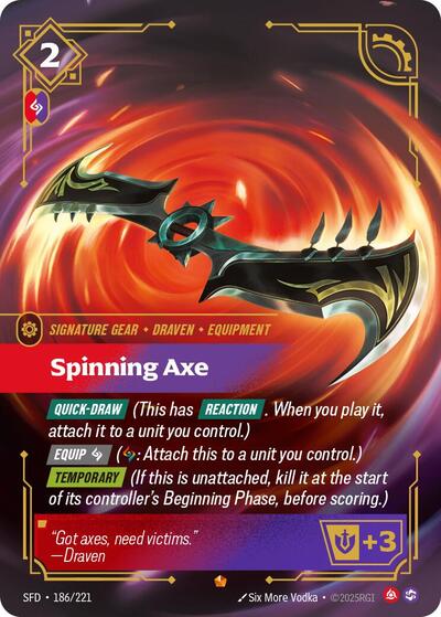 Riftbound card: Spinning Axe 186/221 from Spiritforged (Epic), front of card