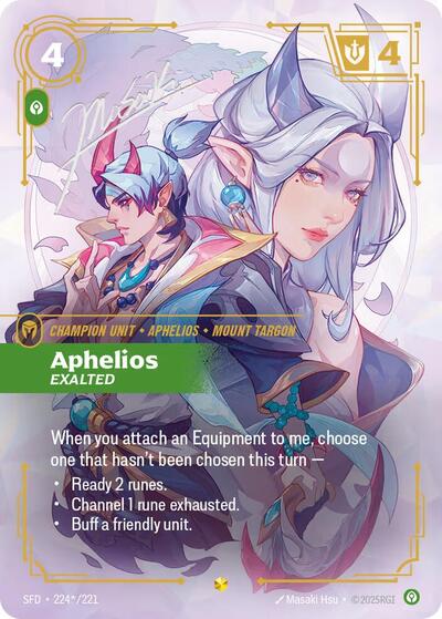 Riftbound card: 224*/221 Aphelios - Exalted (Signature) from Spiritforged (Showcase), front of card