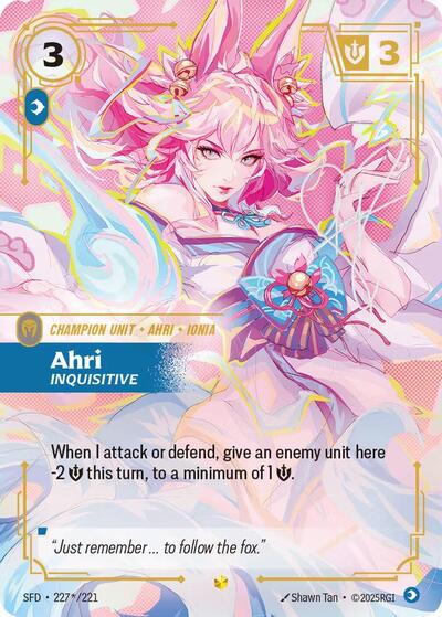 Riftbound card: 227*/221 Ahri - Inquisitive (Signature) from Spiritforged (Showcase), front of card