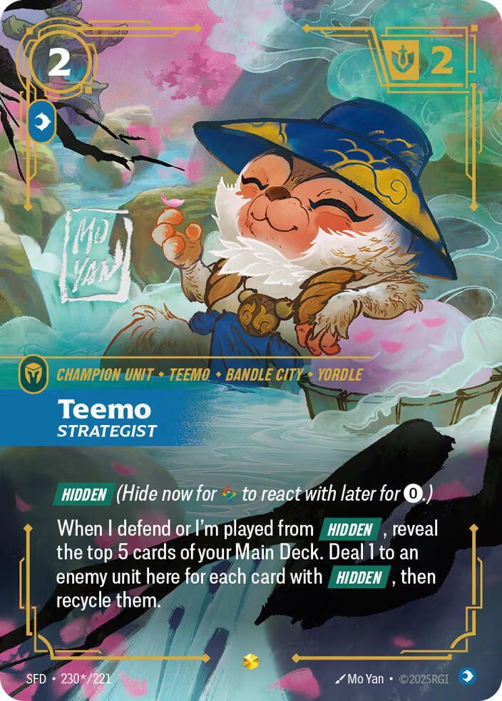 Riftbound card: 230*/221 Teemo - Strategist (Signature) from Spiritforged (Showcase), front of card