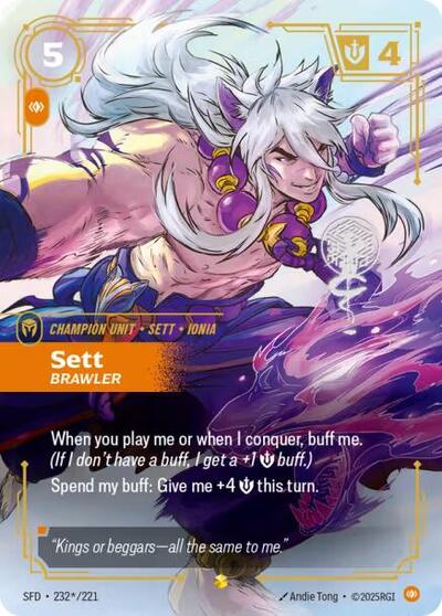 Riftbound card: 232*/221 Sett - Brawler (Signature) from Spiritforged (Showcase), front of card
