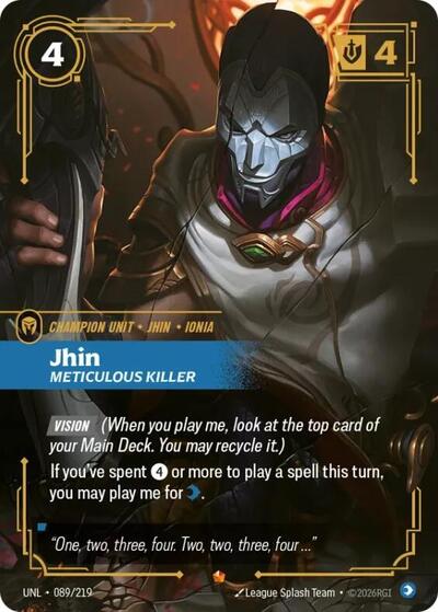 Riftbound card: Jhin - Meticulous Killer 089/219 from Unleashed (Epic), front of card