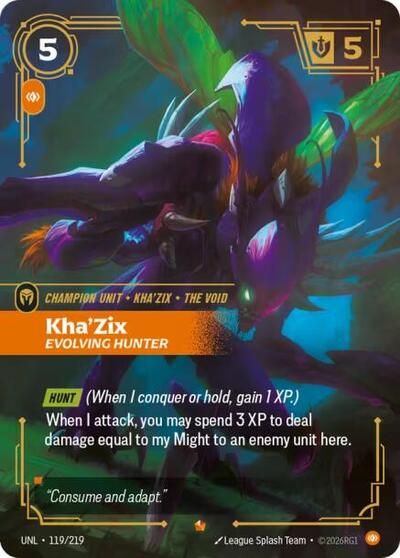 Riftbound card: Kha'Zix - Evolving Hunter 119/219 from Unleashed (Epic), front of card