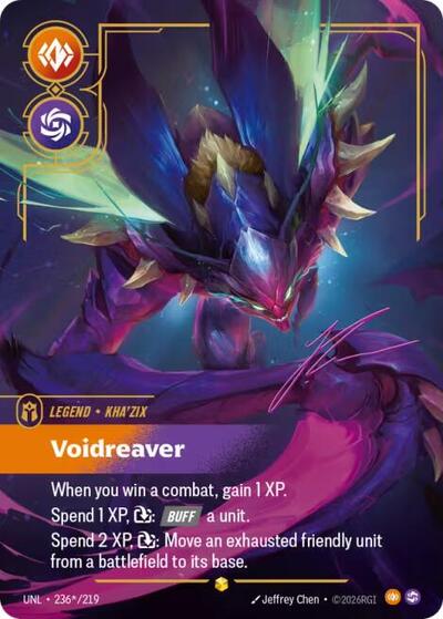 Riftbound card: 236*/219 Kha'Zix - Voidreaver (Signature) from Unleashed (Showcase), front of card