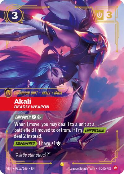 Riftbound card: Akali 021a/166 from Vendetta (Showcase), front of card