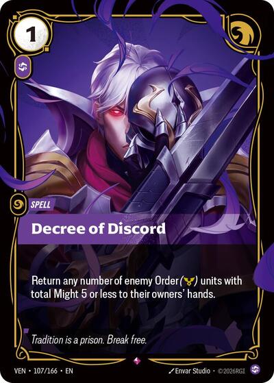Riftbound card: Decree of Discord 107/166 from Vendetta (Rare), front of card