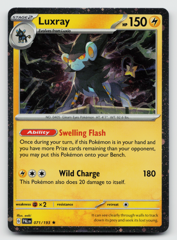 Pokémon card: Luxray Rare (Cosmos Holofoil Promo) 071/193 from Paldea Evolved (Rare), Lightning type, front of card