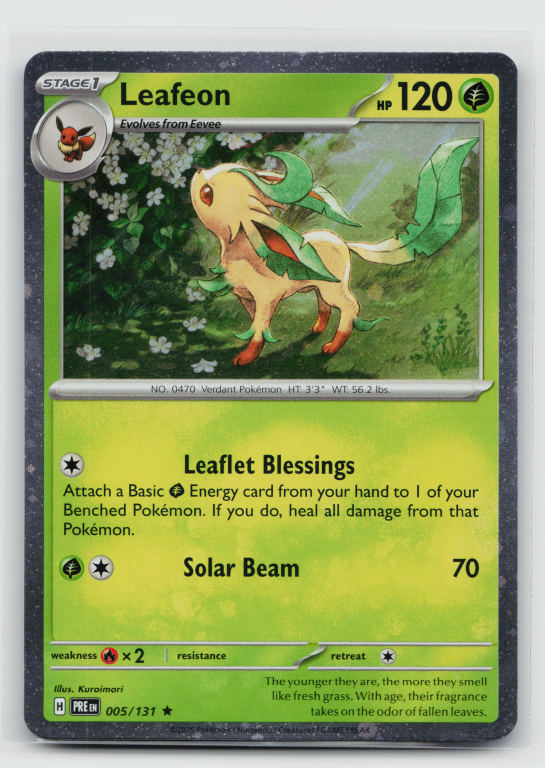 Pokémon card: Leafeon Rare (Cosmos Holofoil Promo) 005/131 from Prismatic Evolutions (Rare), Grass type, front of card
