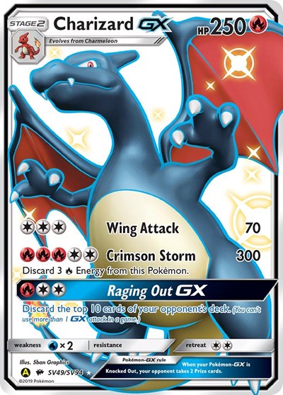 Pokémon card: Charizard GX SV49/SV94 from Hidden Fates Shiny Vault (Shiny Holo Rare), Fire type, front of card