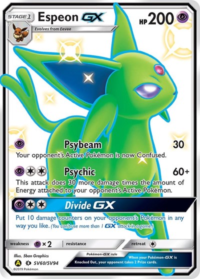 Pokémon card: Espeon GX SV60/SV94 from Hidden Fates Shiny Vault (Shiny Holo Rare), Psychic type, front of card