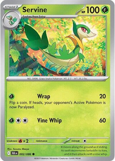 Pokémon card: Servine (Master Ball Pattern) 002/086 from Black Bolt (Common), Grass type, front of card