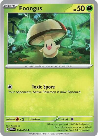 Pokémon card: Foongus (Poke Ball Pattern) 010/086 from Black Bolt (Common), Grass type, front of card