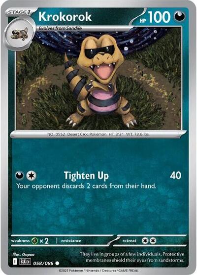 Pokémon card: Krokorok (Poke Ball Pattern) 058/086 from Black Bolt (Common), Darkness type, front of card